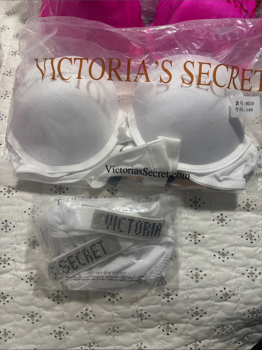 🆕VS Rhinestone Strap Bra and Panty Set NWT 34B & Med Very Sexy “Luxury” Hot Pink
